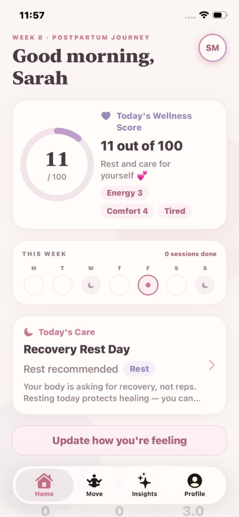 Mamaheal home screen showing wellness score, weekly progress, and a recovery rest day recommendation